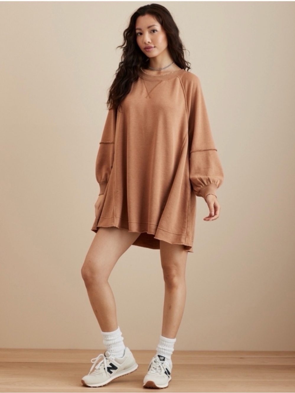 American Eagle Outfitters Oversized Sweatshirt Mini Dress in Camel Brown